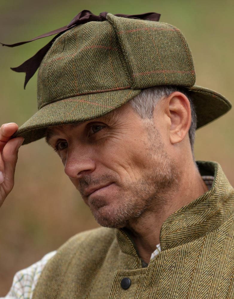 Derby Tweed Woodstock Deerstalker Hat in Dark Sage, on model