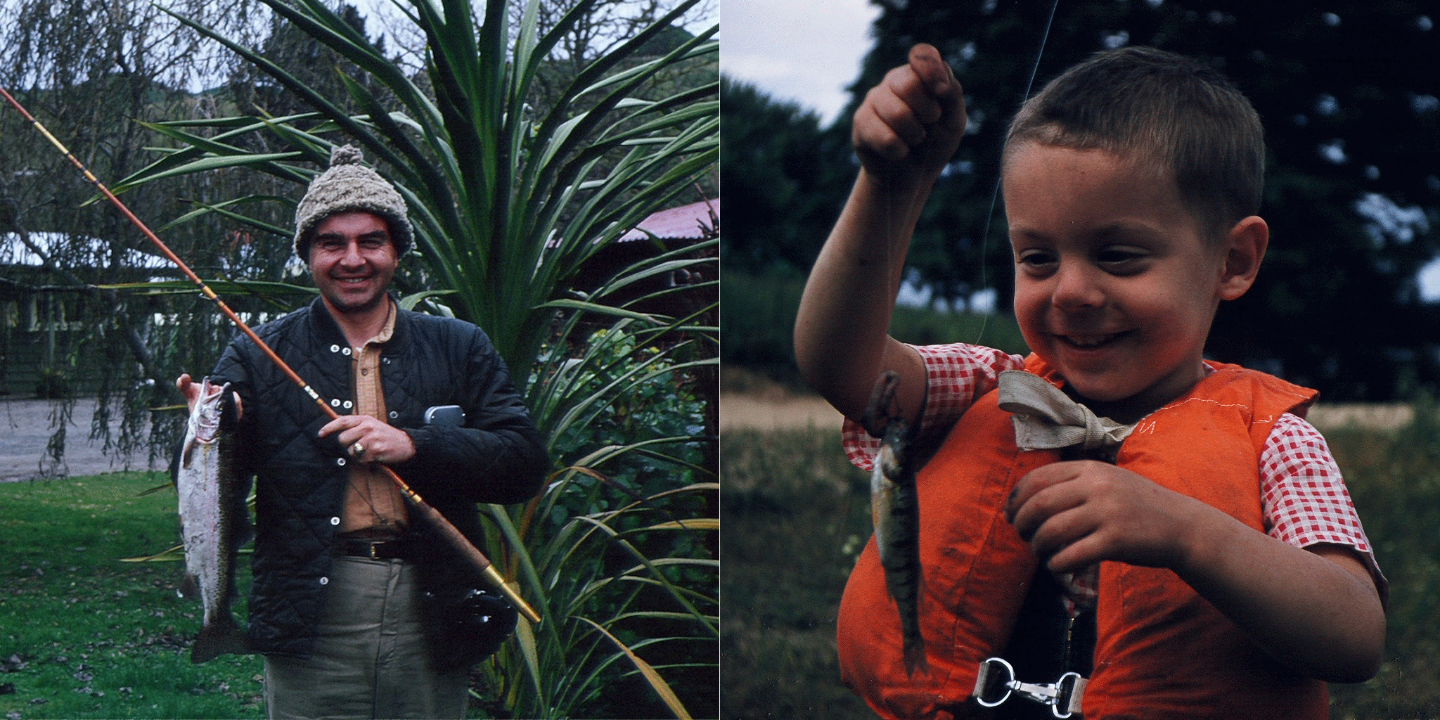 Two side-by-side images: one of a man holding a fish and a fishing rod, the other of a child in an orange vest holding a fish.