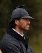 Derby Tweed Woodstock Deerstalker Hat in Blue Tweed, on model